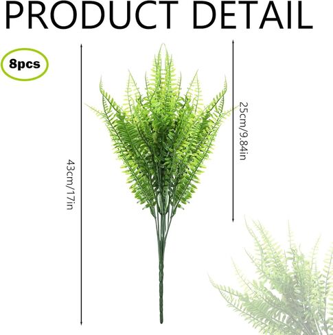 8 Pack Fake Fern - Artificial Fern Plants Greenery Fake Plants Shrubs Plastic Plant for Garden Porch Window Box Hanging Planter Decorating (Green) in Kuwait