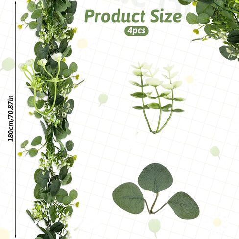 4 PCS Eucalyptus Garland for Table, 5.9ft Artificial Greenery Garland Faux Eucalyptus Leaves Greenery Vines for Wedding Arch Spring Table Runner Festival Centerpieces Backdrop Decorations in Kuwait