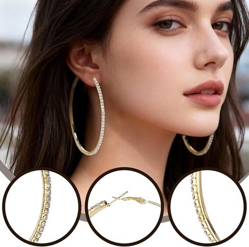 80mm Large Rhinestone Hoop Earrings for Women Sparkly Rhinestones Big Hoops Earring Gold Crystal Hoop Earrings Bling Dangle Drop Hoops Earring for Women Wedding Jewelry Party Favor in Kuwait