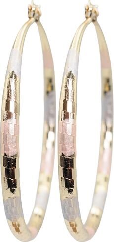 2.36" Inch Diamond Laser Cut Texture Tri-Tone Hoop Earrings, Painted Rose Gold Yellow Gold Silver Tone, 18k Gold Filled Plated in Kuwait