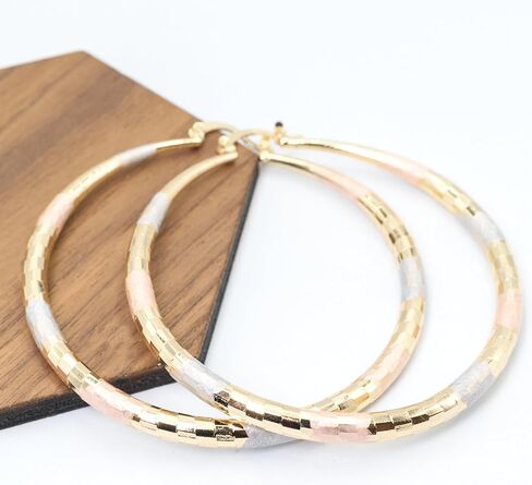 2.36" Inch Diamond Laser Cut Texture Tri-Tone Hoop Earrings, Painted Rose Gold Yellow Gold Silver Tone, 18k Gold Filled Plated in Kuwait
