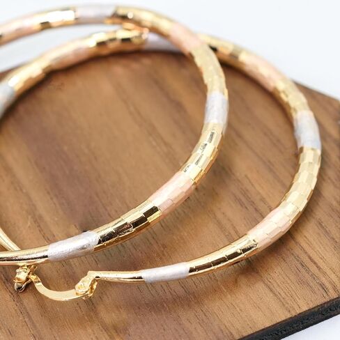 2.36" Inch Diamond Laser Cut Texture Tri-Tone Hoop Earrings, Painted Rose Gold Yellow Gold Silver Tone, 18k Gold Filled Plated in Kuwait
