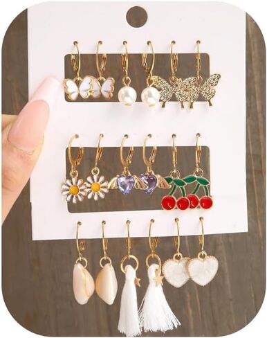 Gold Hoop Earrings Set for Women,14K Gold Plated Multipack Huggie Hoops Earrings Pack Hypoallergenic Butterfly Heart Flower Seashell Dangle Drop Earrings Set Jewelry Gift in Kuwait