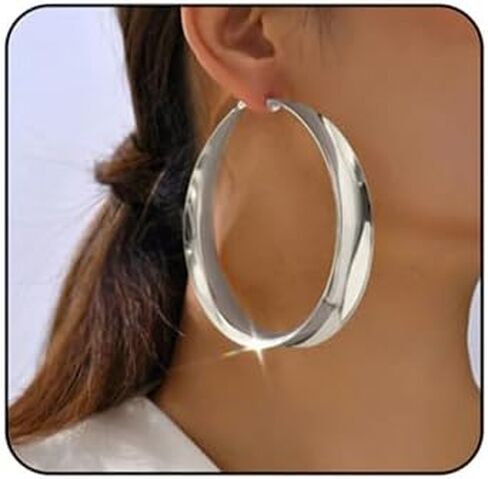 Chunky Gold Hoop Earrings for Women Extra Large Hoop Statement Earrings Trendy Wide Flat Huggie Earrings Silver Big Geometry Hoops Earrings Hypoallergenic Fashion Jewelry in Kuwait
