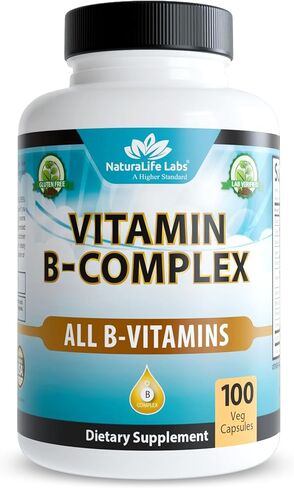 NaturaLife Labs Vitamin B Complex with Vitamin C and Folic Acid - B12, B1, B2, B3, Vitamin B5 Pantothenic Acid, B6, B7, B9 - Nervous System Support 100 Veggie Capsules in Kuwait