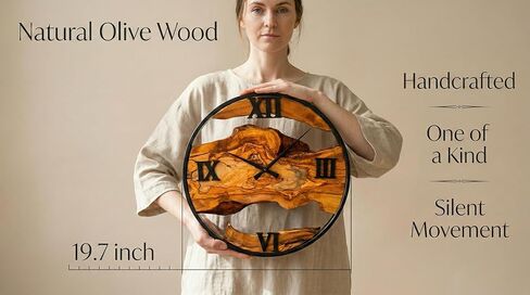 ساعة حائط من خشب الزيتون مقاس 20 بوصة - لوح صلب طبيعي بحافة حية وآلية صامتة غير موقوتة - ديكور مزرعة ريفي للمطبخ وغرفة النوم وغرفة المعيشة in Kuwait