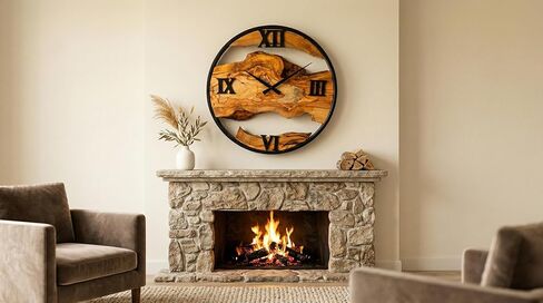 ساعة حائط من خشب الزيتون مقاس 20 بوصة - لوح صلب طبيعي بحافة حية وآلية صامتة غير موقوتة - ديكور مزرعة ريفي للمطبخ وغرفة النوم وغرفة المعيشة in Kuwait