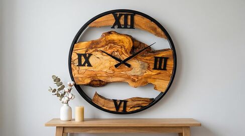 ساعة حائط من خشب الزيتون مقاس 20 بوصة - لوح صلب طبيعي بحافة حية وآلية صامتة غير موقوتة - ديكور مزرعة ريفي للمطبخ وغرفة النوم وغرفة المعيشة in Kuwait