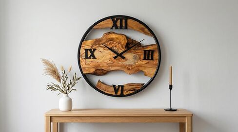 ساعة حائط من خشب الزيتون مقاس 20 بوصة - لوح صلب طبيعي بحافة حية وآلية صامتة غير موقوتة - ديكور مزرعة ريفي للمطبخ وغرفة النوم وغرفة المعيشة in Kuwait