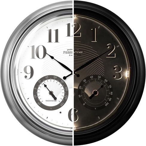 ساعة ذرية مضيئة للداخل/الخارج مقاس 18 بوصة من Presentime & Co مع مستشعر ذكي وإضاءة ليلية، مقاومة للماء، ساعة حائط كبيرة مع مقياس حرارة ومقياس رطوبة، للحديقة والفناء، فضي. in Kuwait