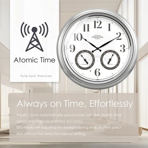 ساعة ذرية مضيئة للداخل/الخارج مقاس 18 بوصة من Presentime & Co مع مستشعر ذكي وإضاءة ليلية، مقاومة للماء، ساعة حائط كبيرة مع مقياس حرارة ومقياس رطوبة، للحديقة والفناء، فضي. in Kuwait
