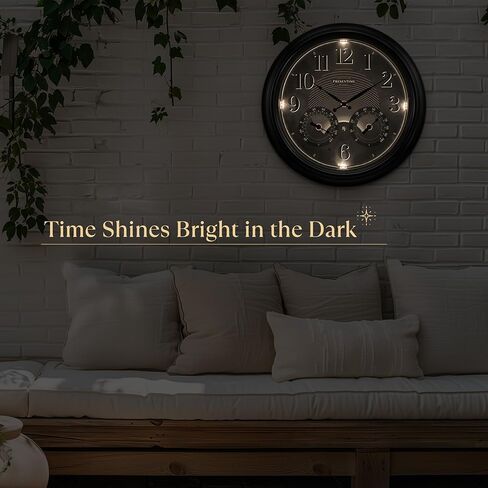ساعة ذرية مضيئة للداخل/الخارج مقاس 18 بوصة من Presentime & Co مع مستشعر ذكي وإضاءة ليلية، مقاومة للماء، ساعة حائط كبيرة مع مقياس حرارة ومقياس رطوبة، للحديقة والفناء، فضي. in Kuwait