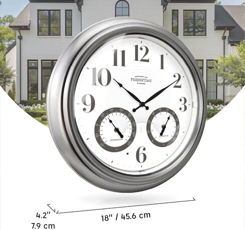 ساعة ذرية مضيئة للداخل/الخارج مقاس 18 بوصة من Presentime & Co مع مستشعر ذكي وإضاءة ليلية، مقاومة للماء، ساعة حائط كبيرة مع مقياس حرارة ومقياس رطوبة، للحديقة والفناء، فضي. in Kuwait