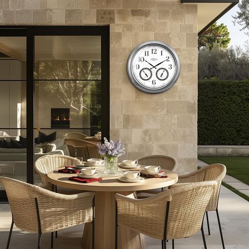 ساعة ذرية مضيئة للداخل/الخارج مقاس 18 بوصة من Presentime & Co مع مستشعر ذكي وإضاءة ليلية، مقاومة للماء، ساعة حائط كبيرة مع مقياس حرارة ومقياس رطوبة، للحديقة والفناء، فضي. in Kuwait