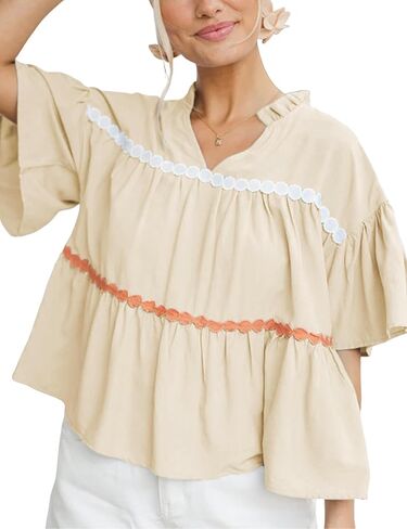 APAFES Womens Summer Babydoll Tops Cute V Neck Short Sleeve Shirts Loose Fit Peplum Blouse in Kuwait