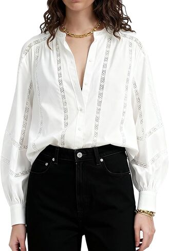 Womens Y2k Lace Patchwork Button Down Shirts Crew Neck Long Sleeve Fall Loose Top Solid Work Office Blouse in Kuwait