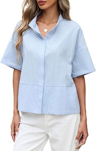 قمصان نسائية غير رسمية بأزرار للأسفل من SCOFEEL قمصان كبيرة الحجم بأكمام قصيرة وياقة واقفة 2026 بلوزات عمل ملابس صيفية للسفر in Kuwait