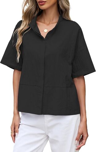 SCOFEEL Women Casual Button Down Shirts Oversized Short Sleeve Stand Collar Tops 2026 Work Blouses Summer Travel Outfits in Saudi Arabia
