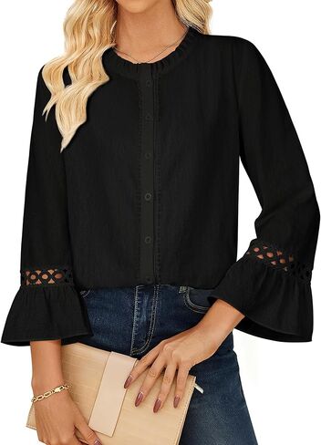 Nlife Womens Boho Ruffle Collar Business Casual Blouse Pure Cotton Tops Lace Trim 3/4 Bell Sleeves Office Botton Shirts in Kuwait