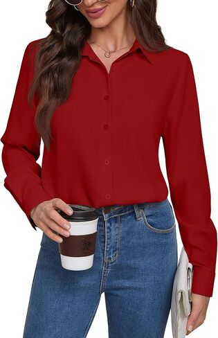 Women Wrinkle Free Soft and Breathable Chiffon Button Down Long Sleeve Blouse Collared Shirt Work Casual Tops in Saudi Arabia