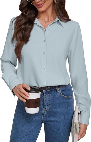 Women Wrinkle Free Soft and Breathable Chiffon Button Down Long Sleeve Blouse Collared Shirt Work Casual Tops in Saudi Arabia