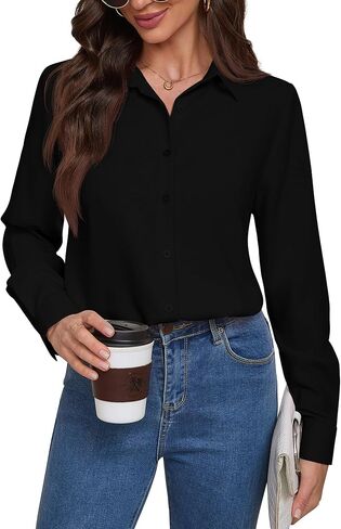 Women Wrinkle Free Soft and Breathable Chiffon Button Down Long Sleeve Blouse Collared Shirt Work Casual Tops in Saudi Arabia