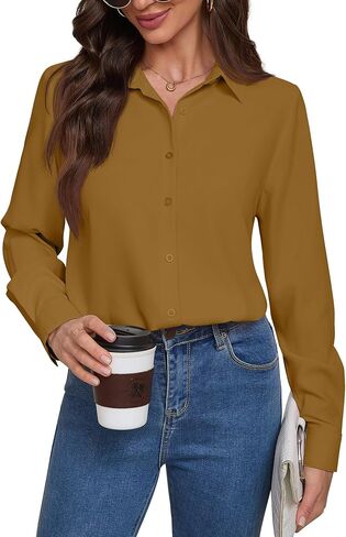 Women Wrinkle Free Soft and Breathable Chiffon Button Down Long Sleeve Blouse Collared Shirt Work Casual Tops in Saudi Arabia