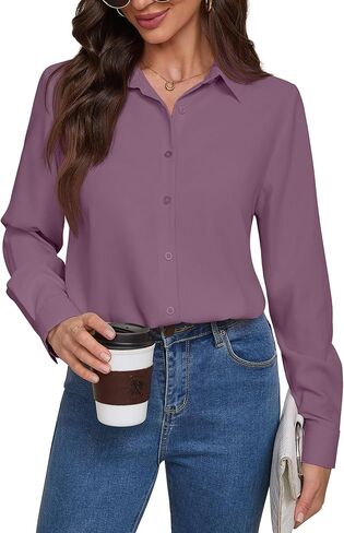 Women Wrinkle Free Soft and Breathable Chiffon Button Down Long Sleeve Blouse Collared Shirt Work Casual Tops in Saudi Arabia