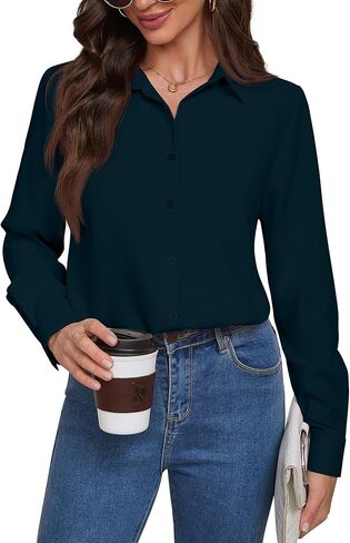 Women Wrinkle Free Soft and Breathable Chiffon Button Down Long Sleeve Blouse Collared Shirt Work Casual Tops in Saudi Arabia