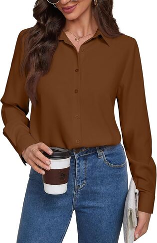Women Wrinkle Free Soft and Breathable Chiffon Button Down Long Sleeve Blouse Collared Shirt Work Casual Tops in Saudi Arabia