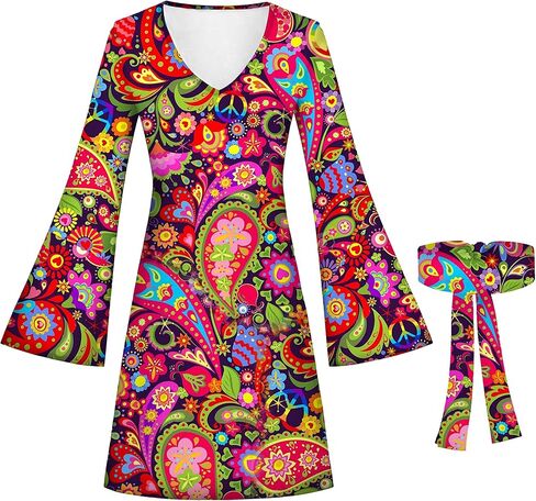 ملابس هيبي للسيدات فستان كلاسيكي من السبعينيات مع عصابة رأس لحفلات الهالوين in Kuwait