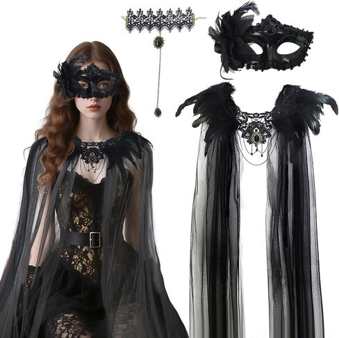 عباءة نسائية من الريش القوطي حزمة من 3 أساور قناع من التول مع ياقة من الريش، عباءة مصاصي الدماء، عباءة ساحرات، كيب كوسبلاي لكرنفال الهالوين in Kuwait