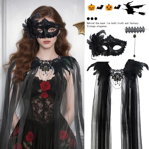 عباءة نسائية من الريش القوطي حزمة من 3 أساور قناع من التول مع ياقة من الريش، عباءة مصاصي الدماء، عباءة ساحرات، كيب كوسبلاي لكرنفال الهالوين in Kuwait