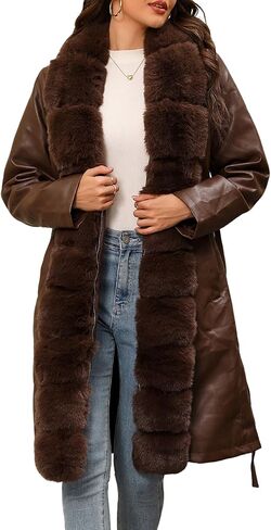 Women's Faux Leather Coat Winter Fur Jacket Water-Resistant Thicken Outerwear with Fur Collar and Belt in Saudi Arabia