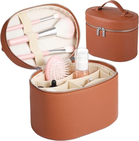 Makeup Vanity Bag for Women - Large Capacity Cosmetic Organizer with Removable Liner, Waterproof PU Leather Skincare Bag, Portable Chic Cosmetic Make Up Case for Skincare, Brushes, Accessories, Brown in Saudi Arabia