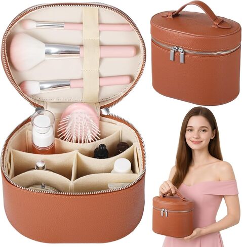 Makeup Vanity Bag for Women - Large Capacity Cosmetic Organizer with Removable Liner, Waterproof PU Leather Skincare Bag, Portable Chic Cosmetic Make Up Case for Skincare, Brushes, Accessories, Brown in Saudi Arabia