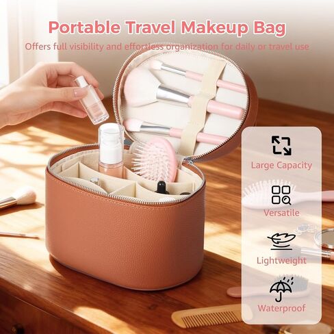Makeup Vanity Bag for Women - Large Capacity Cosmetic Organizer with Removable Liner, Waterproof PU Leather Skincare Bag, Portable Chic Cosmetic Make Up Case for Skincare, Brushes, Accessories, Brown in Saudi Arabia