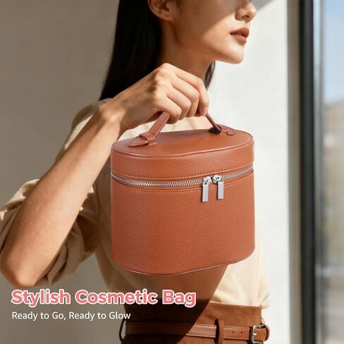 Makeup Vanity Bag for Women - Large Capacity Cosmetic Organizer with Removable Liner, Waterproof PU Leather Skincare Bag, Portable Chic Cosmetic Make Up Case for Skincare, Brushes, Accessories, Brown in Saudi Arabia