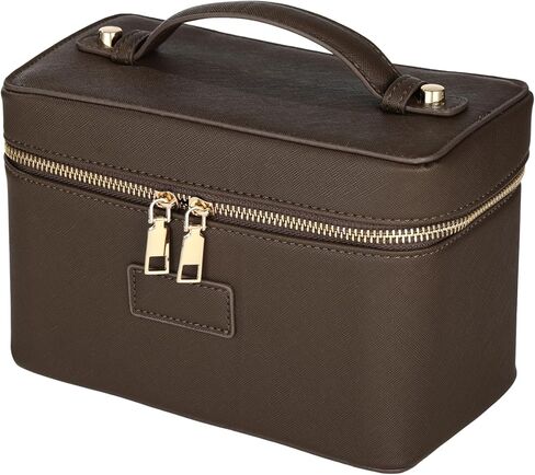 Makeup Vanity Bag for Women - Large Capacity Cosmetic Organizer with Removable Liner, Waterproof PU Leather Skincare Bag, Portable Chic Cosmetic Make Up Case for Skincare, Brushes, Accessories, Brown in Saudi Arabia