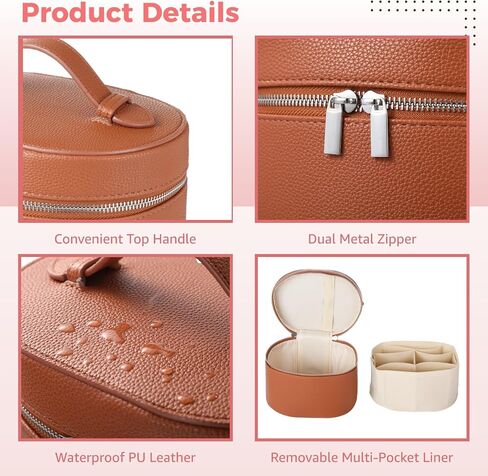 Makeup Vanity Bag for Women - Large Capacity Cosmetic Organizer with Removable Liner, Waterproof PU Leather Skincare Bag, Portable Chic Cosmetic Make Up Case for Skincare, Brushes, Accessories, Brown in Saudi Arabia