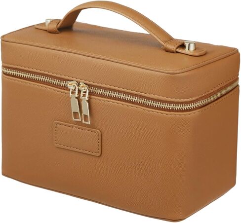 Makeup Vanity Bag for Women - Large Capacity Cosmetic Organizer with Removable Liner, Waterproof PU Leather Skincare Bag, Portable Chic Cosmetic Make Up Case for Skincare, Brushes, Accessories, Brown in Saudi Arabia