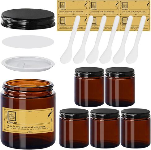 8 oz Glass Jars with Lids,Amber,6 Pack Empty Cosmetic Containers with Inner lids and Inner Liners,Black Metal Lid,Refillable Round Airtight Jars,Use to store Lotion,Powders,Candle Making in Saudi Arabia