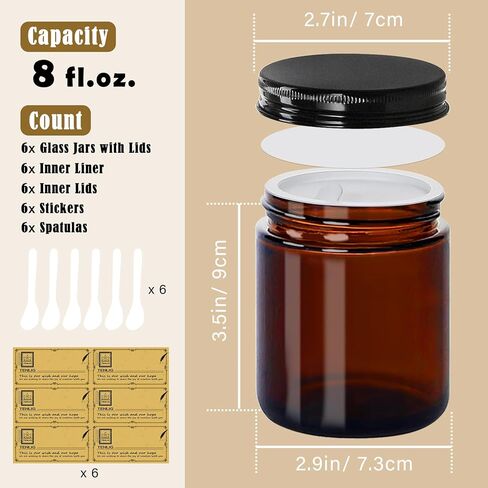 8 oz Glass Jars with Lids,Amber,6 Pack Empty Cosmetic Containers with Inner lids and Inner Liners,Black Metal Lid,Refillable Round Airtight Jars,Use to store Lotion,Powders,Candle Making in Saudi Arabia