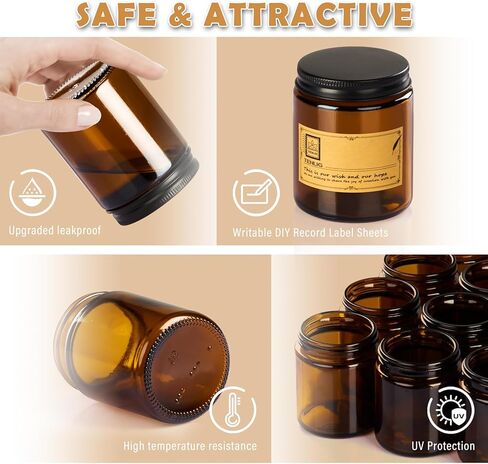 8 oz Glass Jars with Lids,Amber,6 Pack Empty Cosmetic Containers with Inner lids and Inner Liners,Black Metal Lid,Refillable Round Airtight Jars,Use to store Lotion,Powders,Candle Making in Saudi Arabia