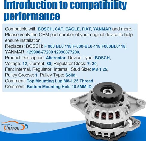 F000BL0118 New 12V 80A Alternator Compatible with 2008 YANMAR TT-4 TT-5 TT-6 TT-7 TT-8 4TNV98 DIESEL Replace 129908-77200,129908-77210 in Kuwait