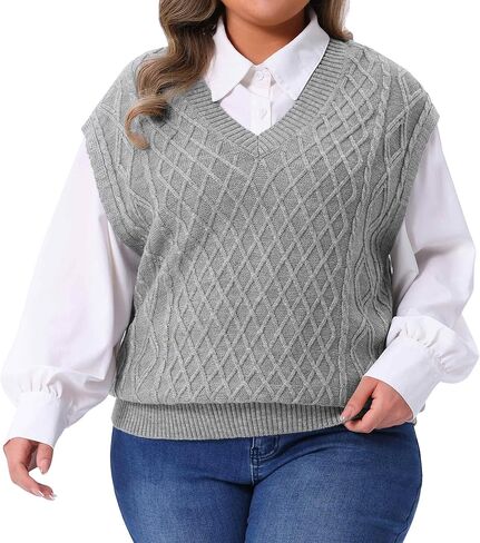 Agnes Orinda Plus Size Sweater Vest Women V Neck Ribbed Knit Sleeveless Solid Pullover Sweaters Vests Tops in Saudi Arabia