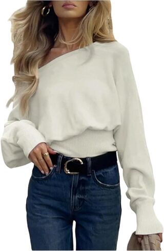 GORGLITTER Women's Off The Shoulder Cinched Waist Sweater Trendy Long Sleeve Asymmetrical Cozy Knit Crop Sweater Tops in Saudi Arabia