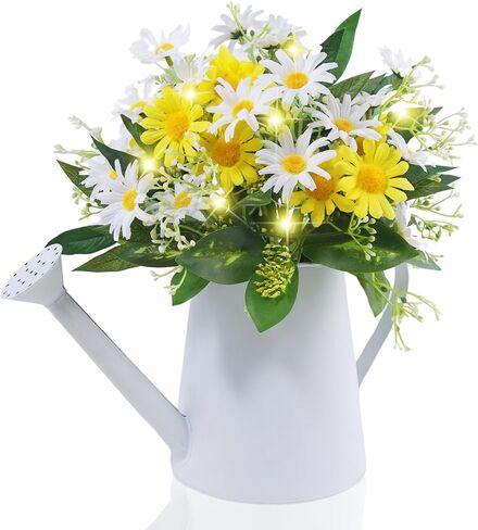 زهور الأقحوان الاصطناعية من إيكسن في وعاء معدني مع أضواء LED ومؤقت - ترتيب زهور الحرير، زخرفة مركزية للطاولة من الزهور الصناعية لغرفة الطعام، المزرعة، المنزل، المطبخ، المكتب، ديكور الربيع in Kuwait