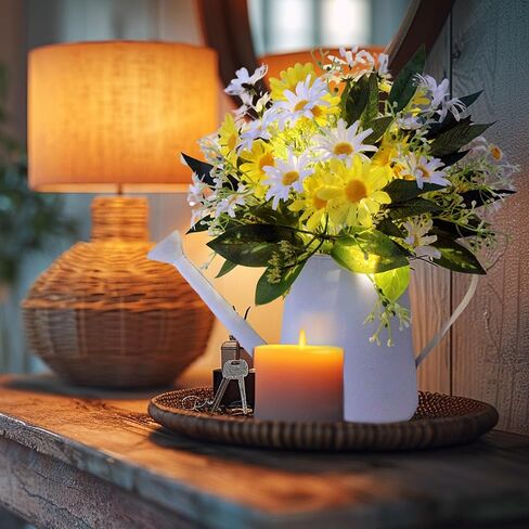 زهور الأقحوان الاصطناعية من إيكسن في وعاء معدني مع أضواء LED ومؤقت - ترتيب زهور الحرير، زخرفة مركزية للطاولة من الزهور الصناعية لغرفة الطعام، المزرعة، المنزل، المطبخ، المكتب، ديكور الربيع in Kuwait