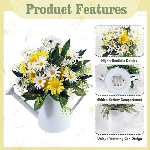 زهور الأقحوان الاصطناعية من إيكسن في وعاء معدني مع أضواء LED ومؤقت - ترتيب زهور الحرير، زخرفة مركزية للطاولة من الزهور الصناعية لغرفة الطعام، المزرعة، المنزل، المطبخ، المكتب، ديكور الربيع in Kuwait